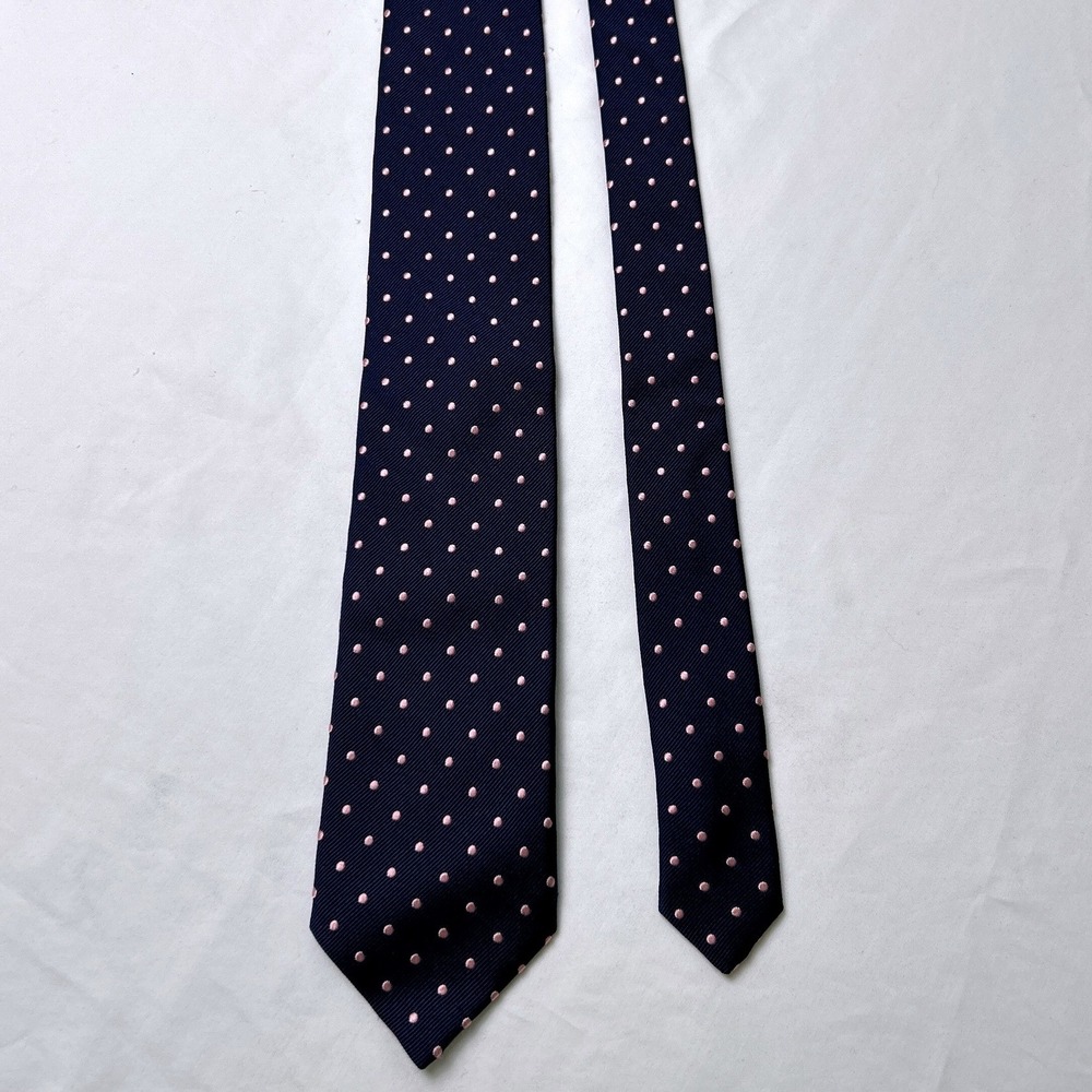 Dormeuil Mens Woven Polka Dot Silk Necktie OS Navy Pink Luxury Formal Office